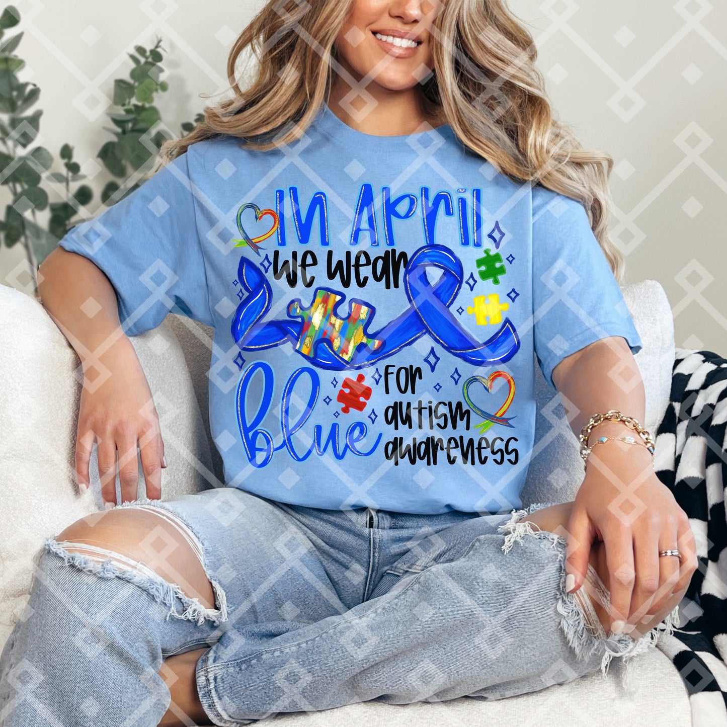 In April We Wear Blue For Autism Awareness - Puzzle Pieces - Digital Download