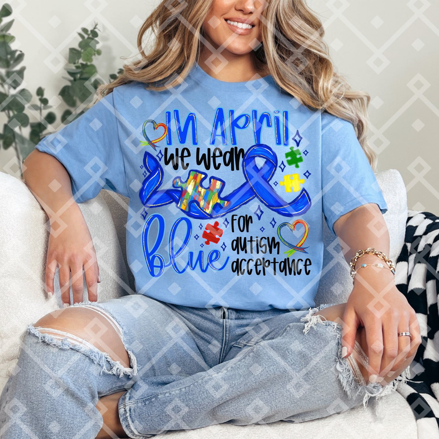 In April We Wear Blue For Autism Acceptance - Puzzle Pieces - Digital Download