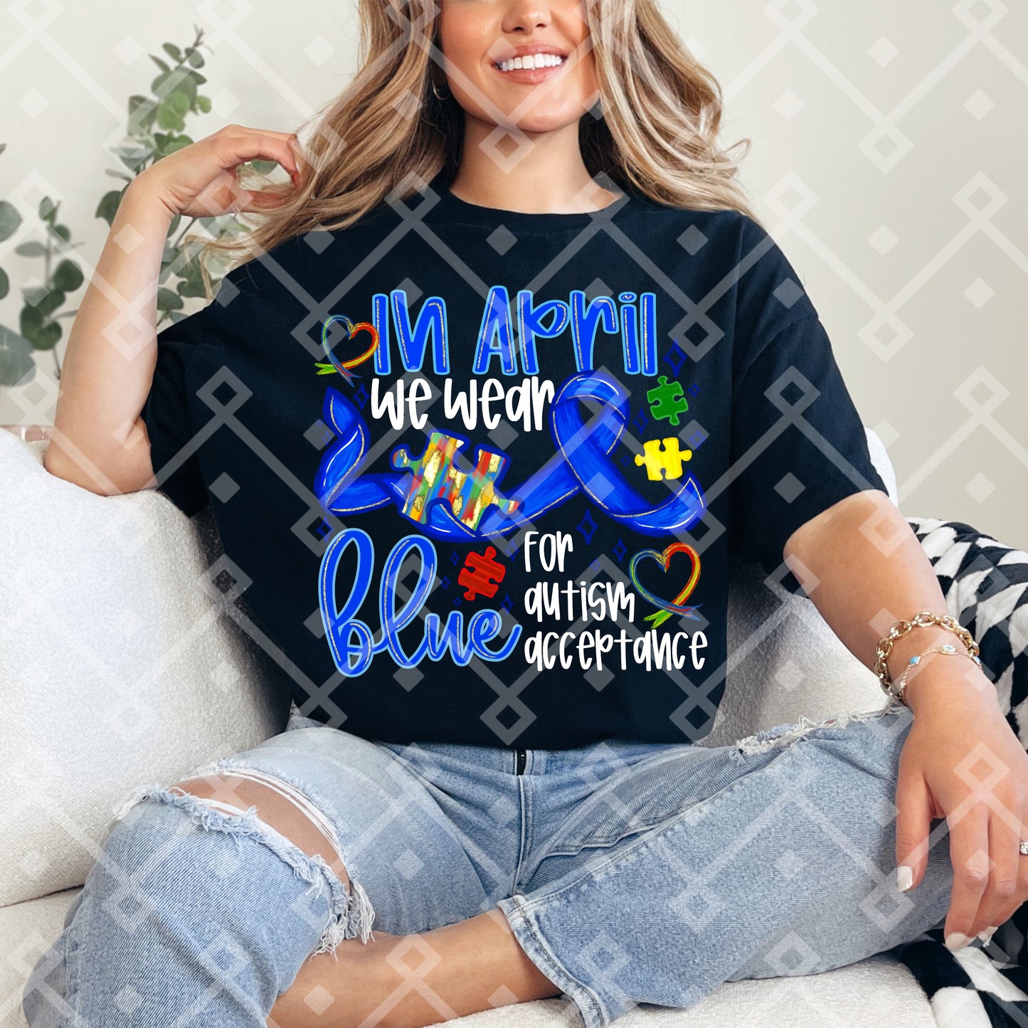In April We Wear Blue For Autism Acceptance - Puzzle Pieces - Digital Download