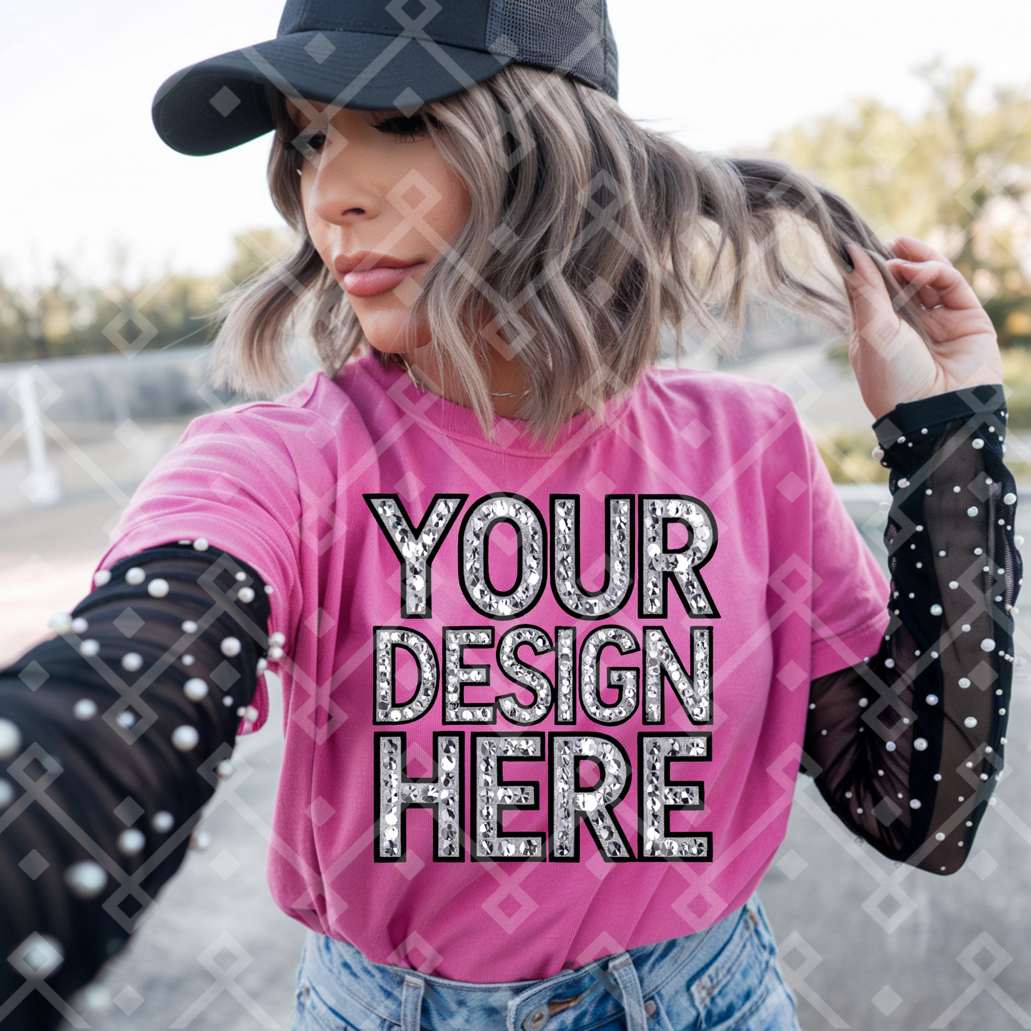 Hot Pink Gildan Tee - Pearl Mesh Tank - Mock Up