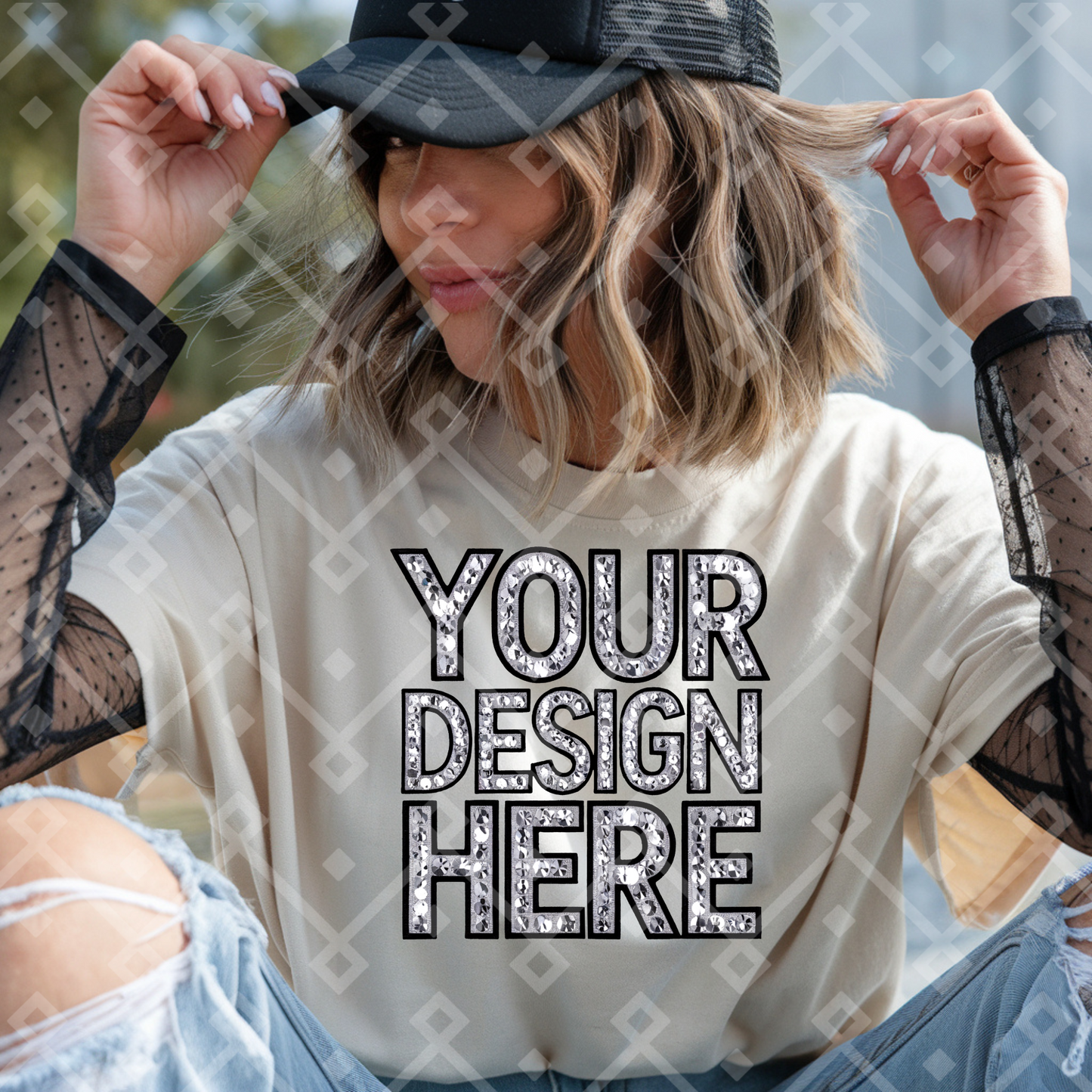 Cream Gildan Tee - Pearl Mesh Tank - Mock Up