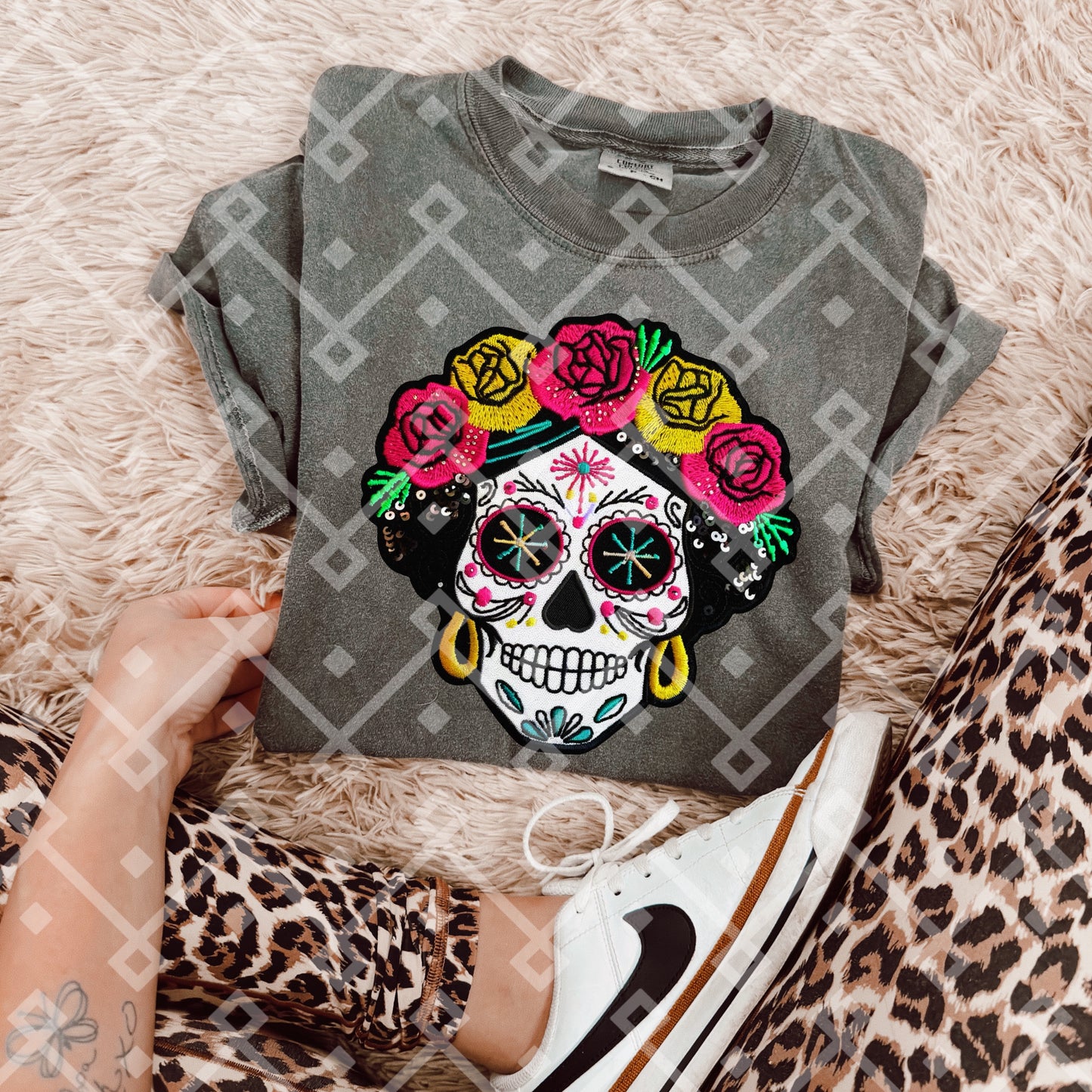 Frida Sugar Skull - Faux Embroidery Digital Download