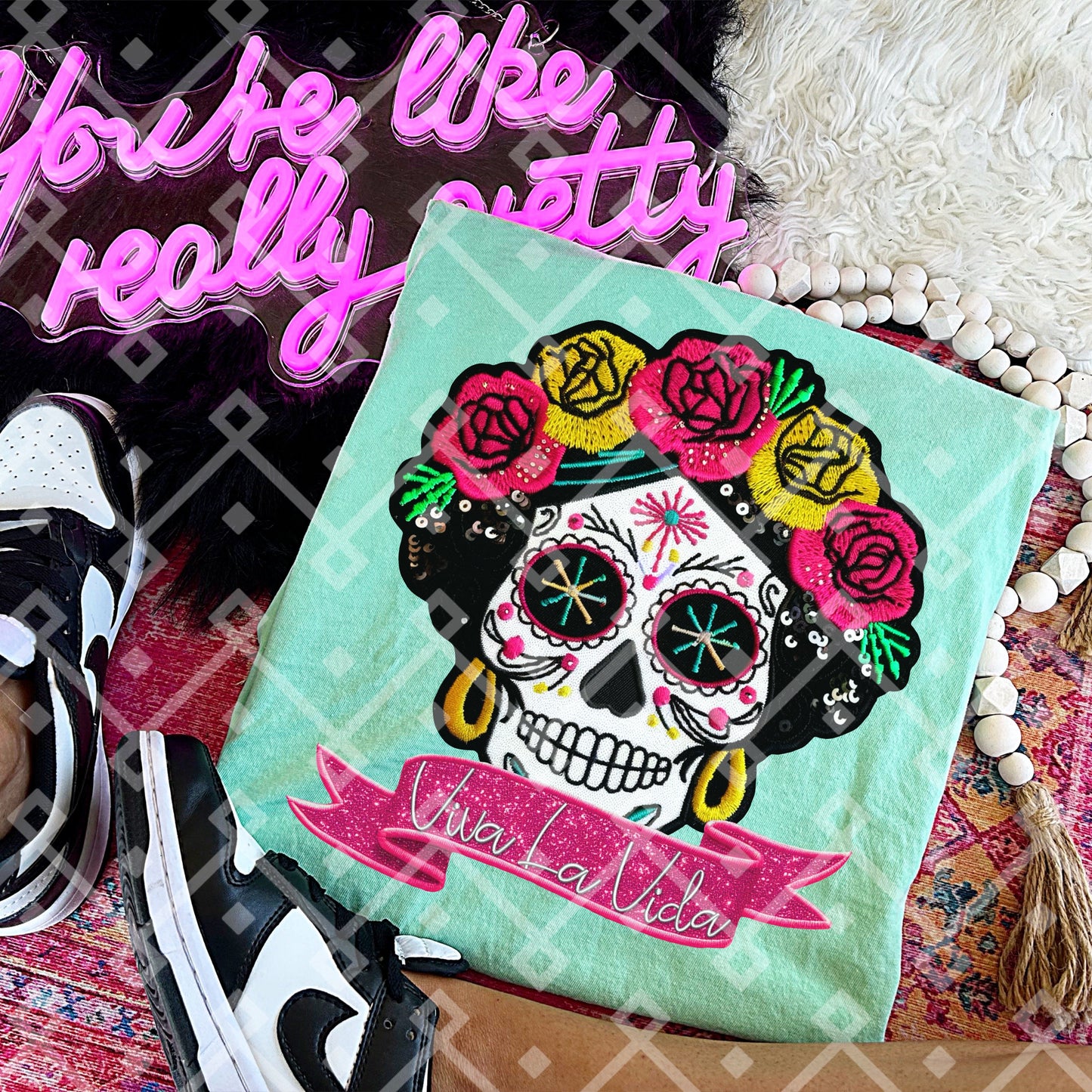 Viva La Vida Frida Sugar Skull - Faux Embroidery Digital Download
