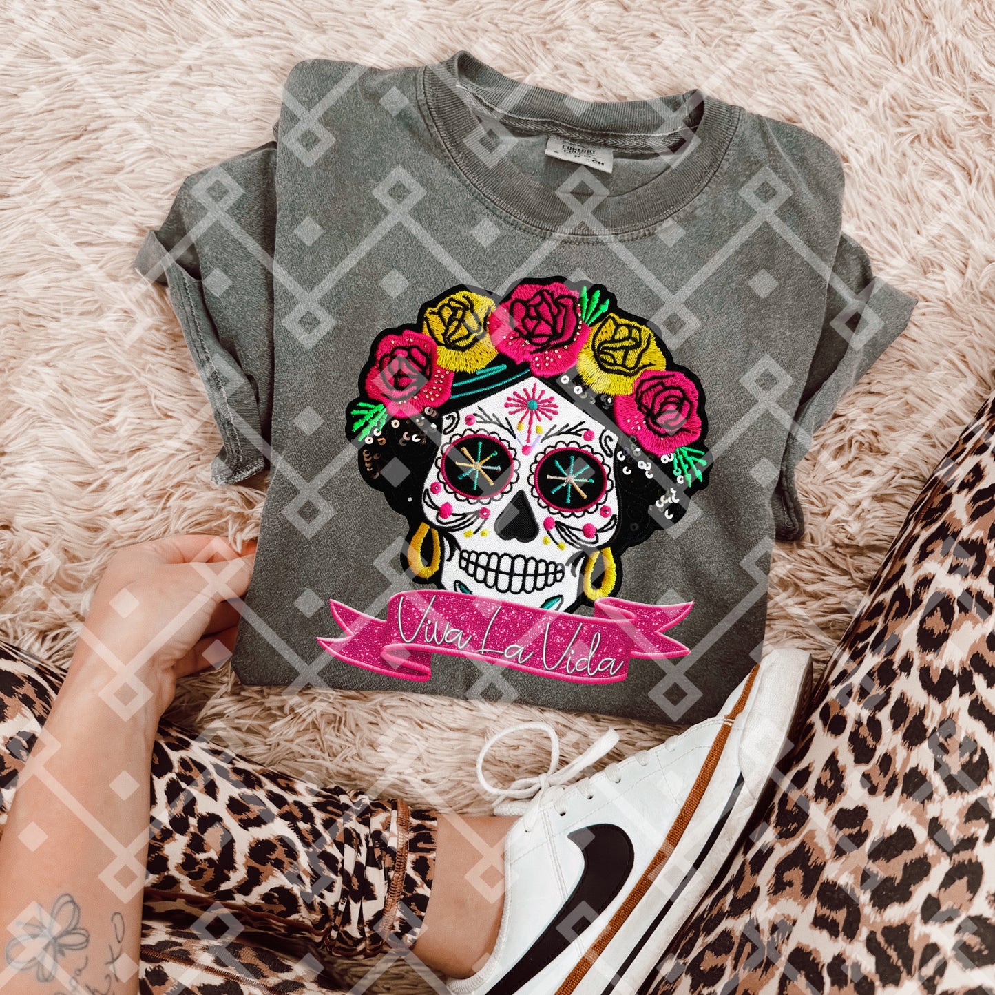 Viva La Vida Frida Sugar Skull - Faux Embroidery Digital Download
