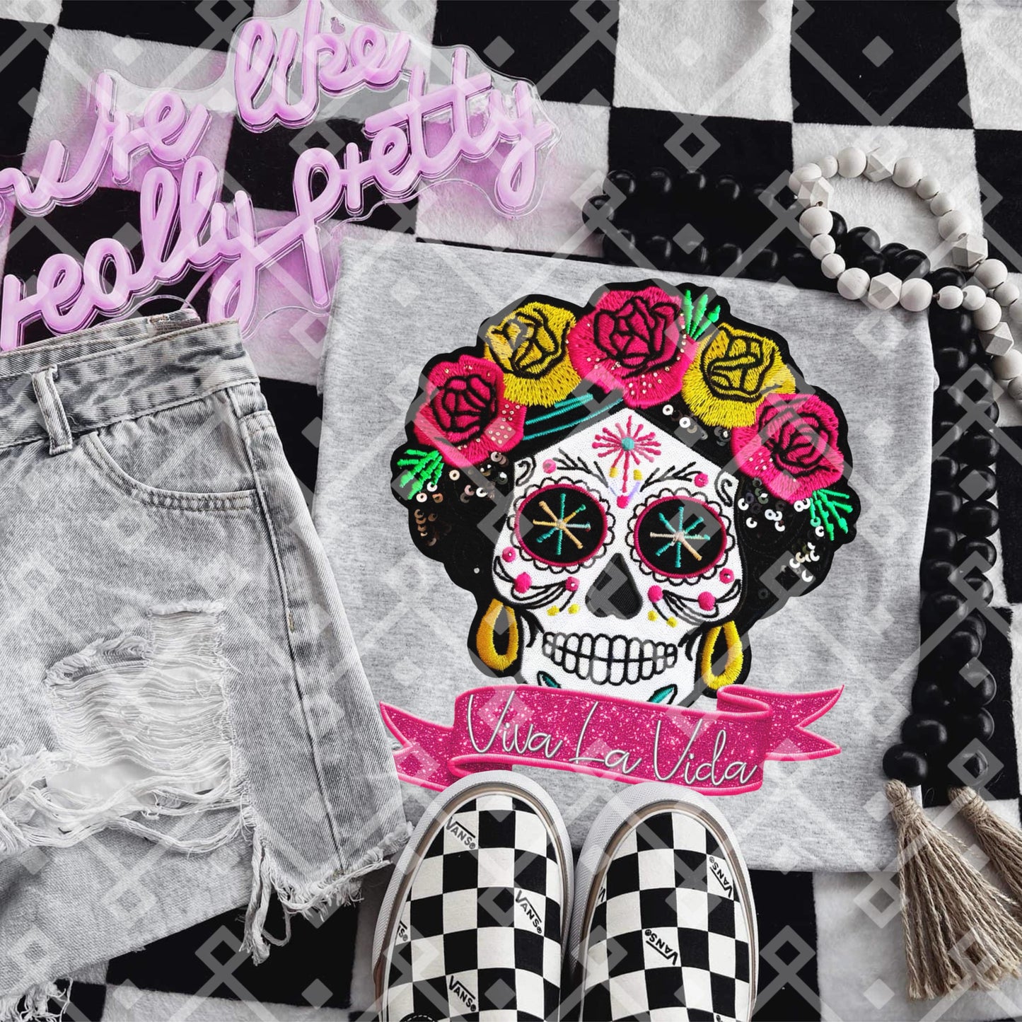 Viva La Vida Frida Sugar Skull - Faux Embroidery Digital Download