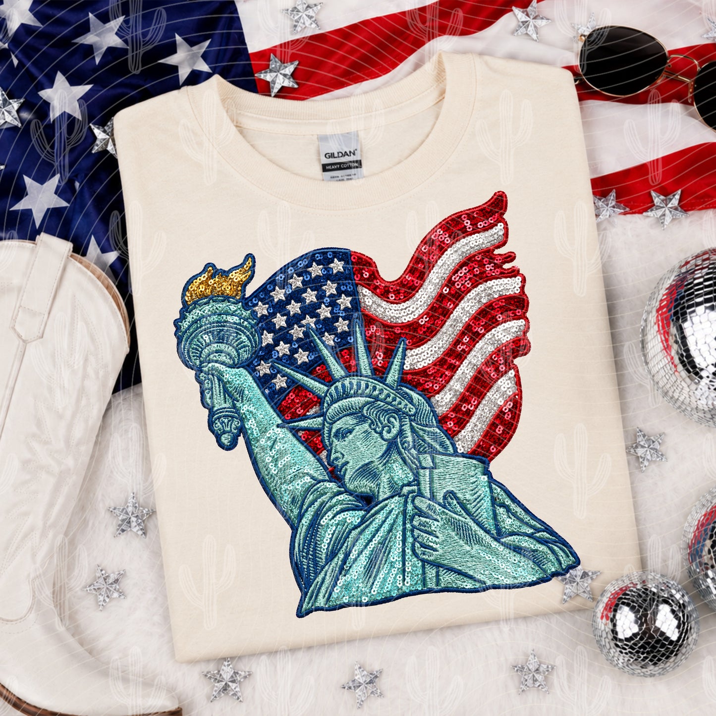 USA Statue Of Liberty - Faux Embroidery + Glitter Digital Download