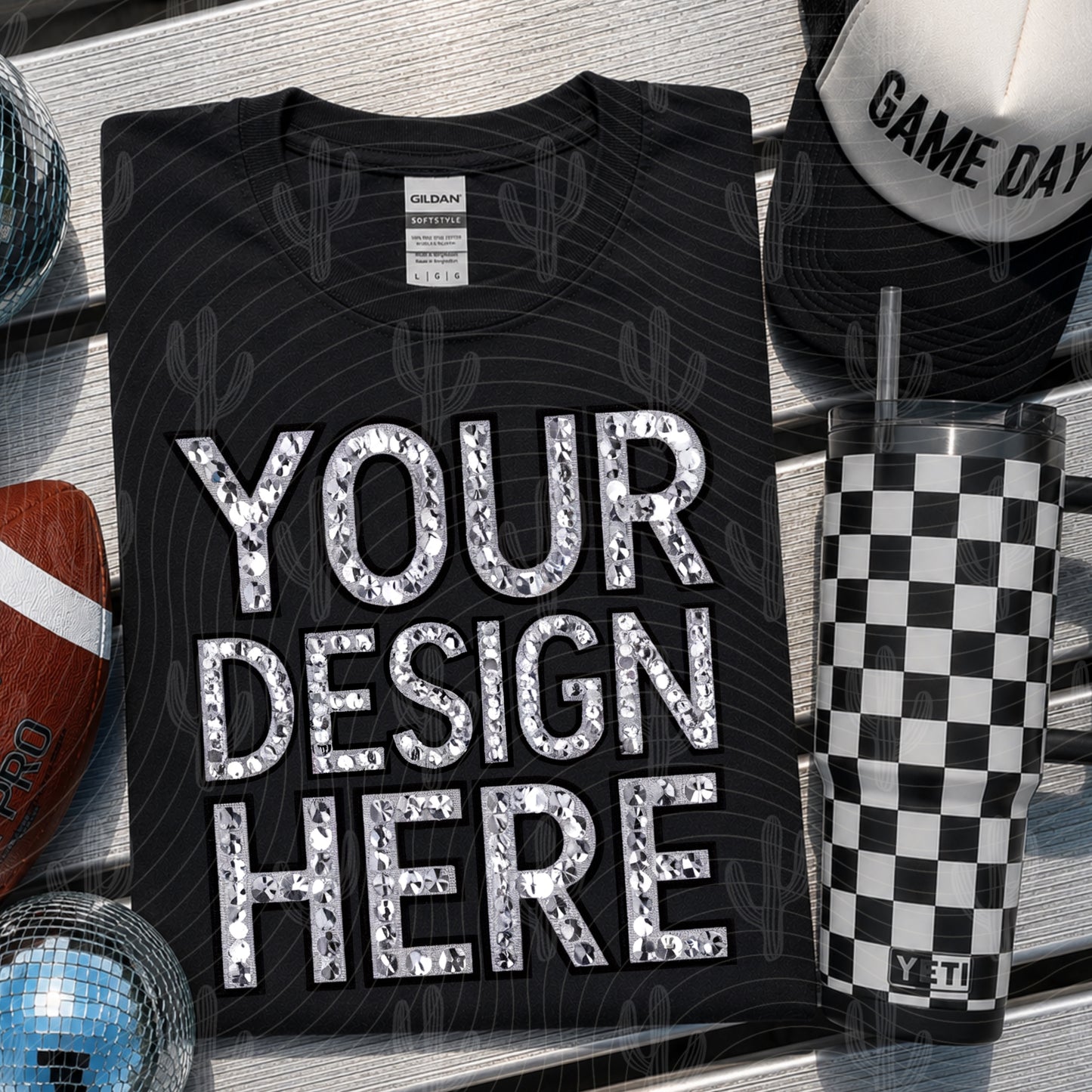 Black Gildan Tee Football Mock Up