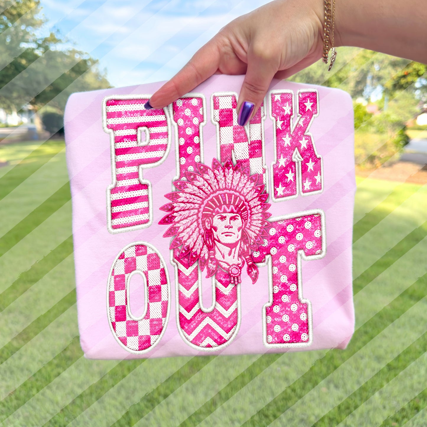Pink Out Custom School Mascot Logo - Faux Sequin Embroidery Digital Download