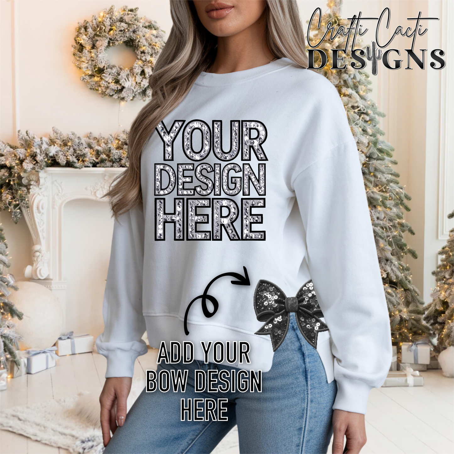 White Gildan Side Slit Sweatshirt - Add Your Own Bow - Christmas Mock Up