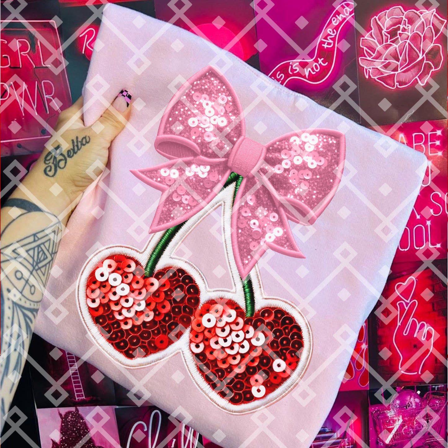 Coquette Bow Cherry Bomb - Faux Embroidery Sequin - Digital Download
