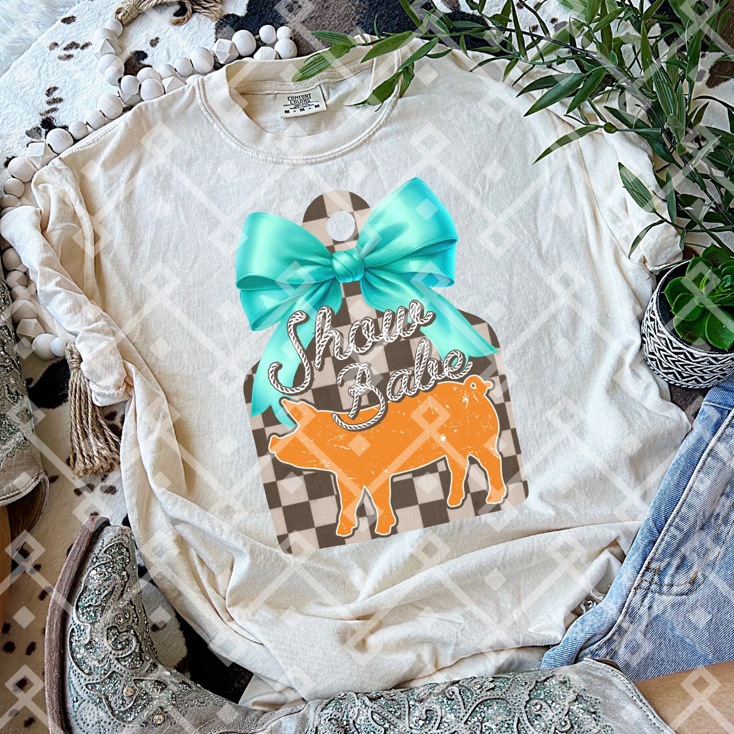 Cow Tag Show Animals - Turquoise Coquette Bow - Digital Download