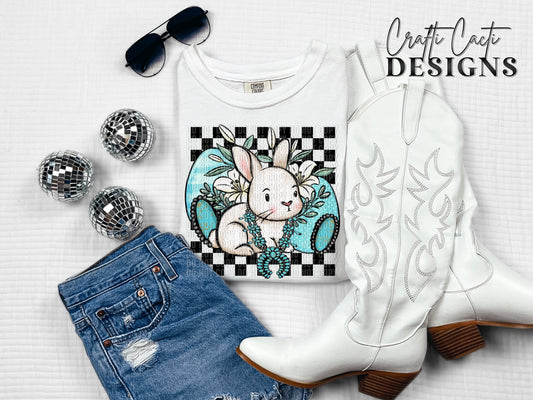 Turquoise Junkie Easter Bunny w/ Black Checkered Background Digital Download