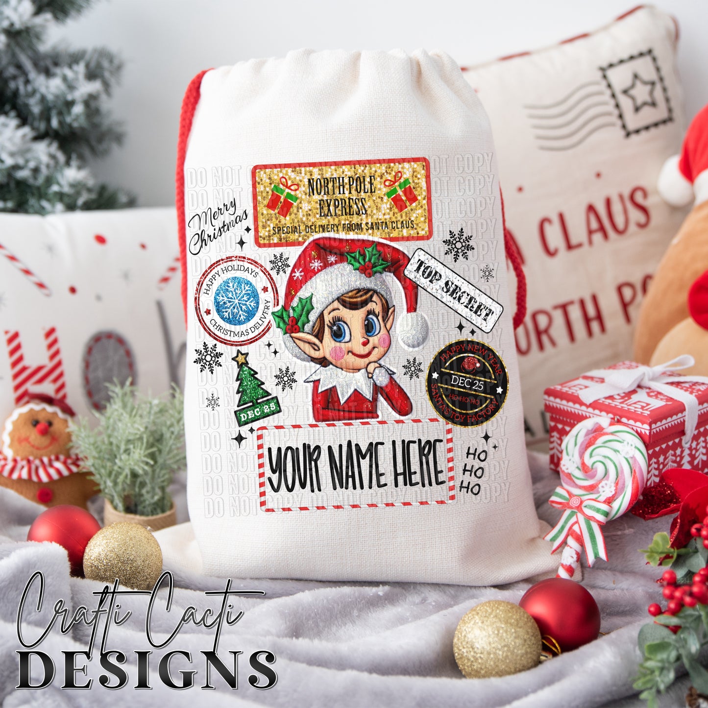Girl Elf Gift Sack - Add Your Own Name - Digital Download