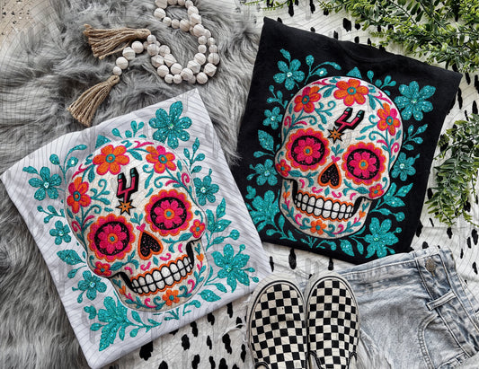 SA Spurs Sugar Skull (With floral background and without background) Faux Embroidery + Glitter Digital Download