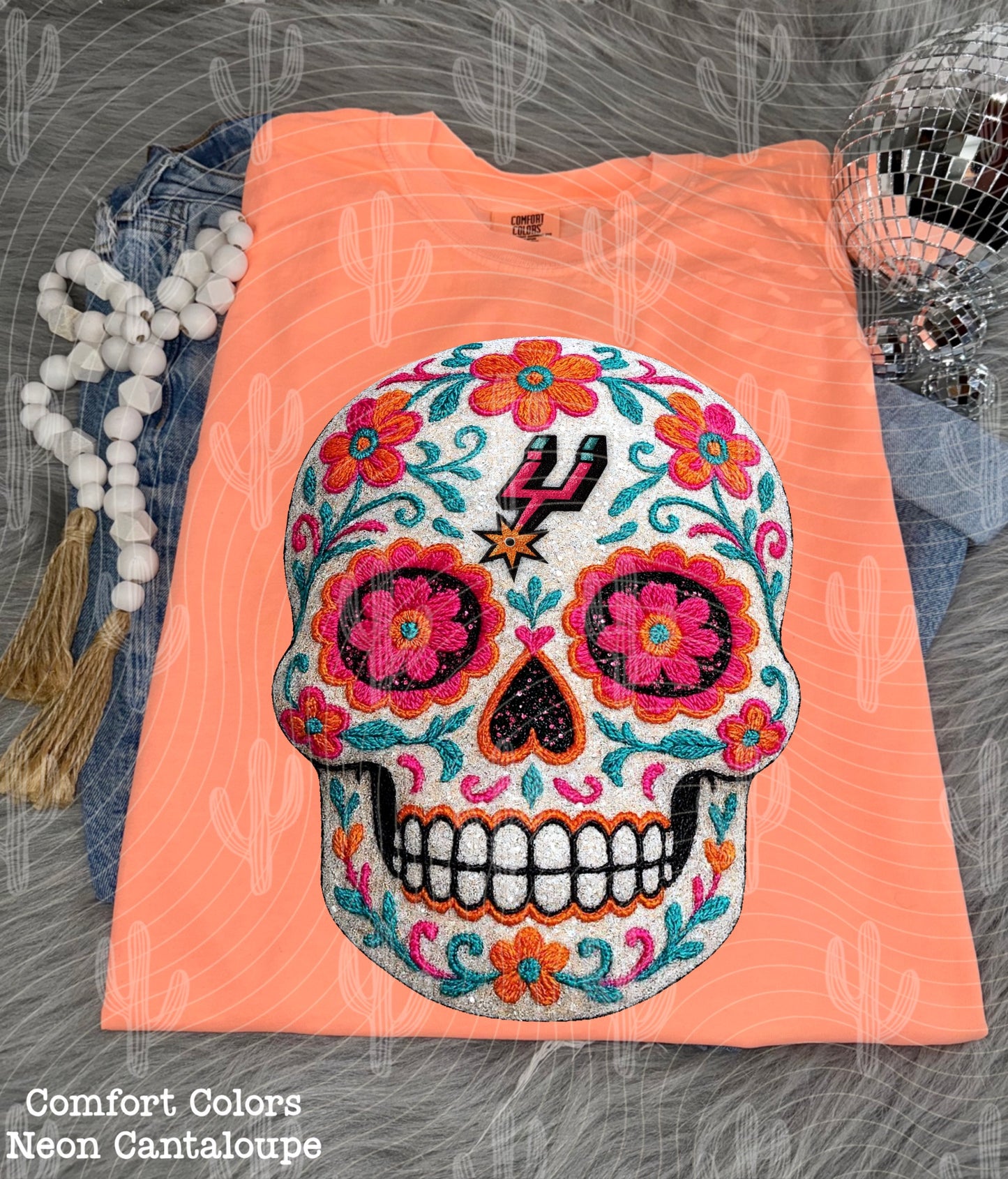 SA Spurs Sugar Skull (With floral background and without background) Faux Embroidery + Glitter Digital Download