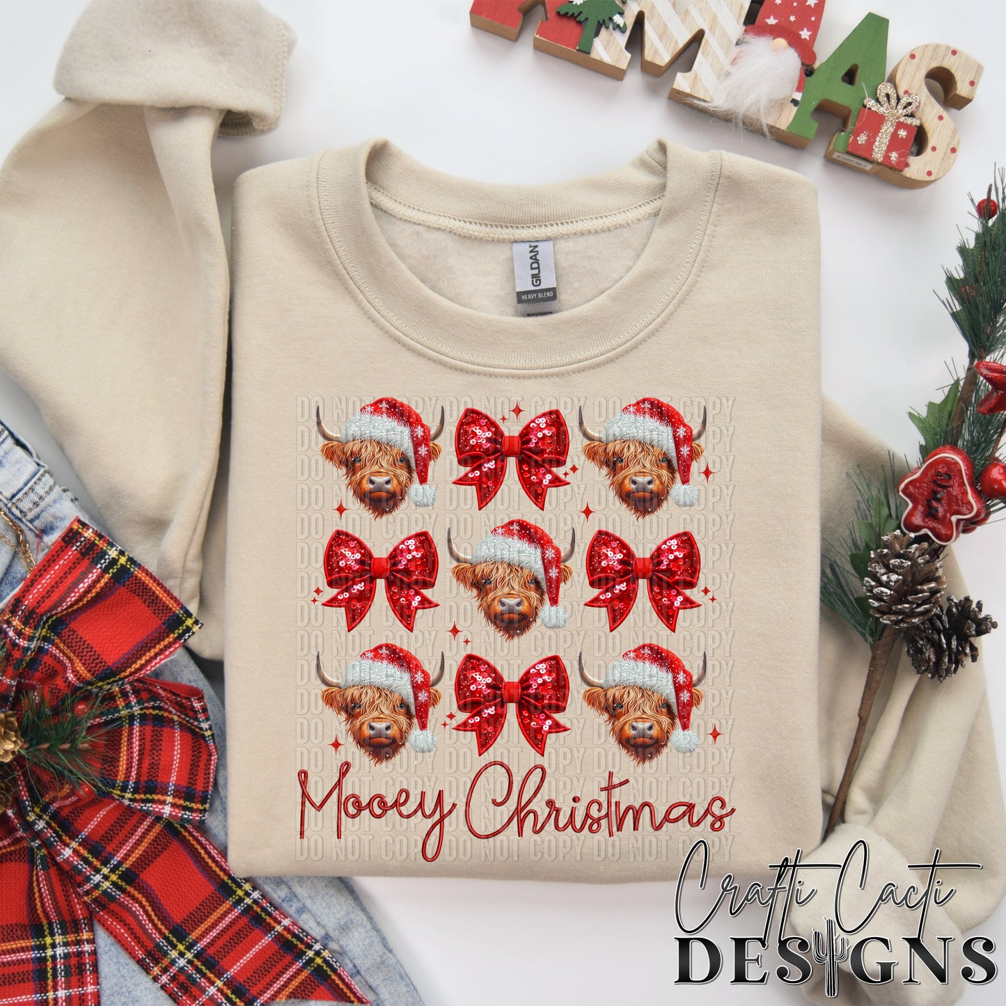 Mooey Christmas Highland Cow - Faux Embroidery Digital Download