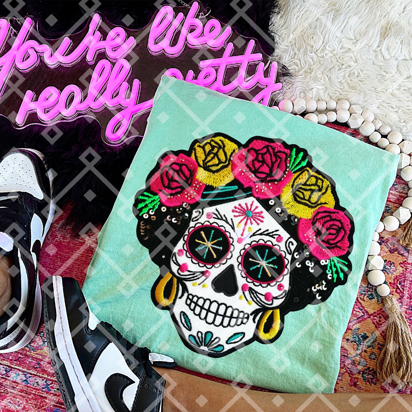 Frida Sugar Skull - Faux Embroidery Digital Download