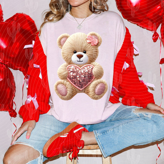 Teddy Bear Pink Heart Faux Embroidery + Sequin - Digital Download