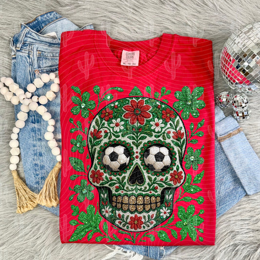 Mexico Soccer Sugar Skull - Faux Embroidery + Glitter Digital Download