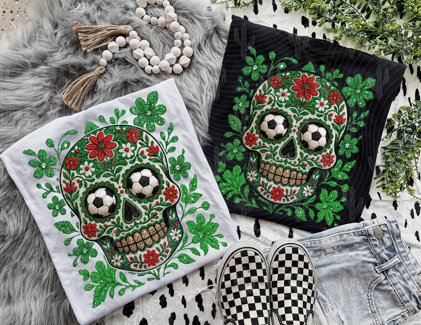 Mexico Soccer Sugar Skull - Faux Embroidery + Glitter Digital Download