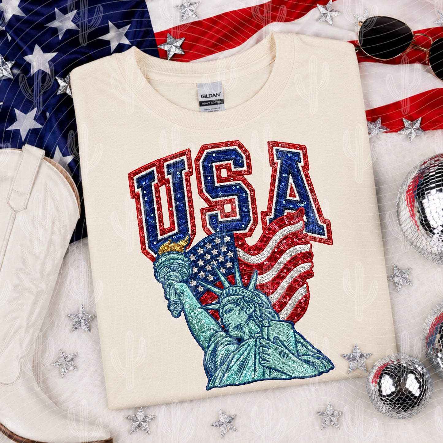 USA Statue Of Liberty - Faux Embroidery + Glitter Digital Download