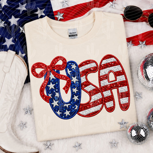 USA Bow - Faux Embroidery + Glitter Digital Download
