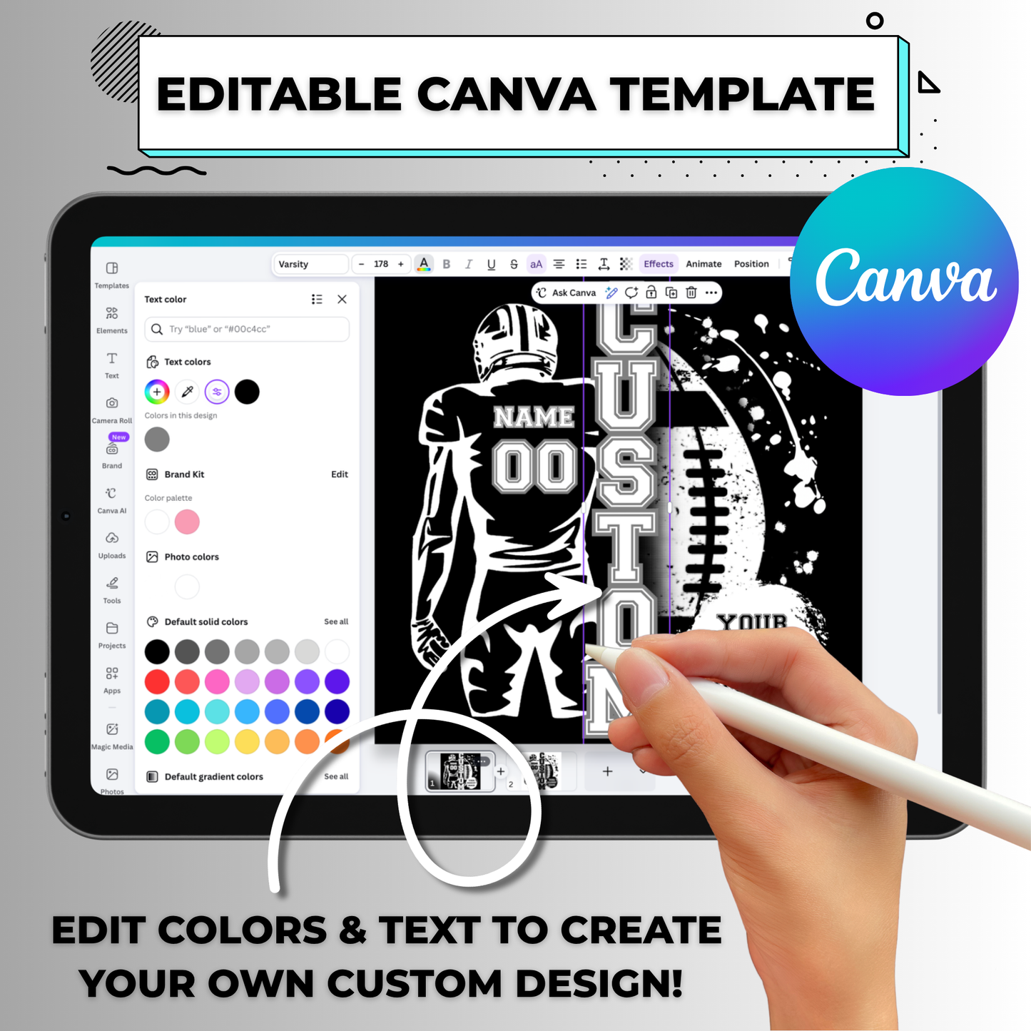 Custom Football Player Editable Canva Template (Both White/Black Colors) - Instant Digital Download