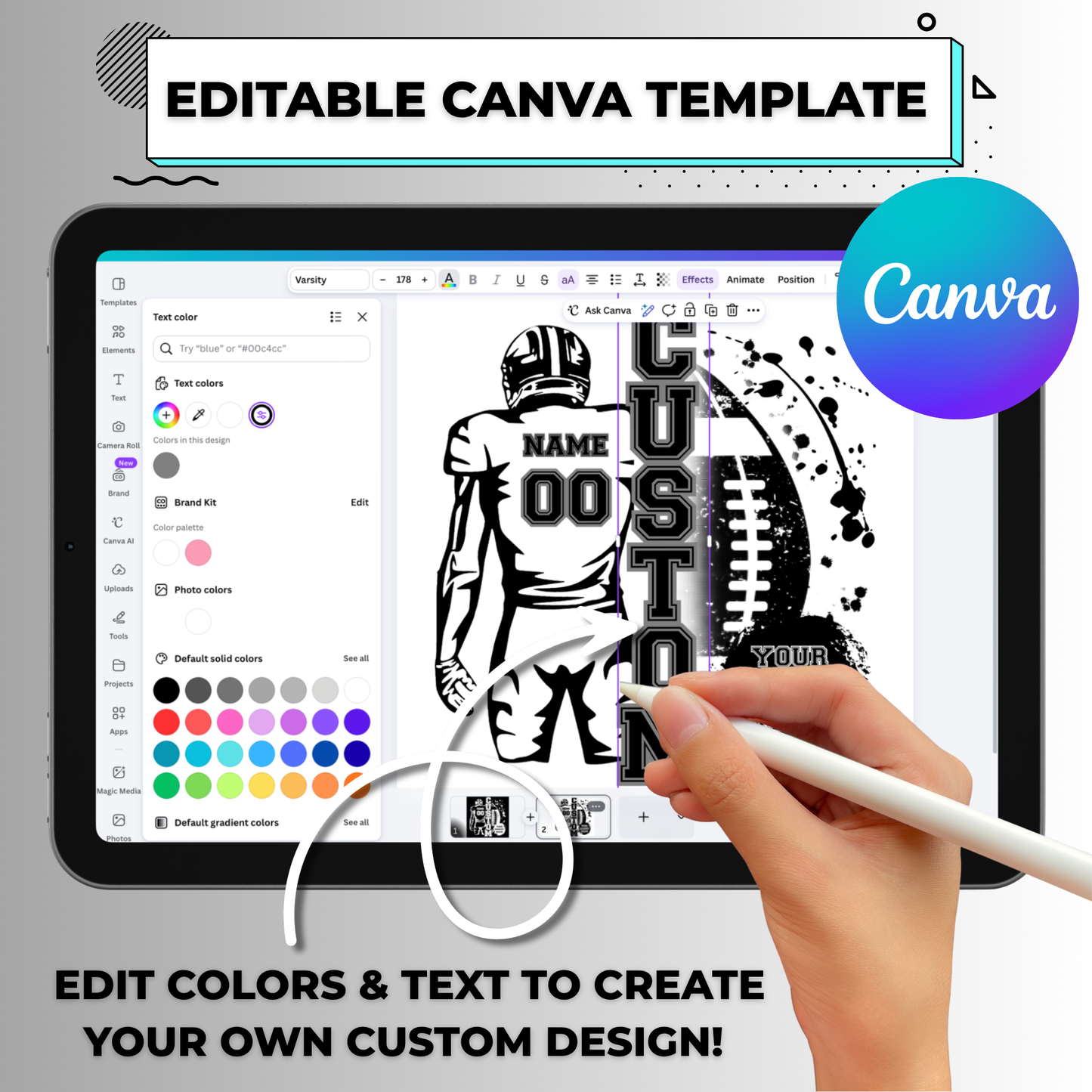 Custom Football Player Editable Canva Template (Both White/Black Colors) - Instant Digital Download