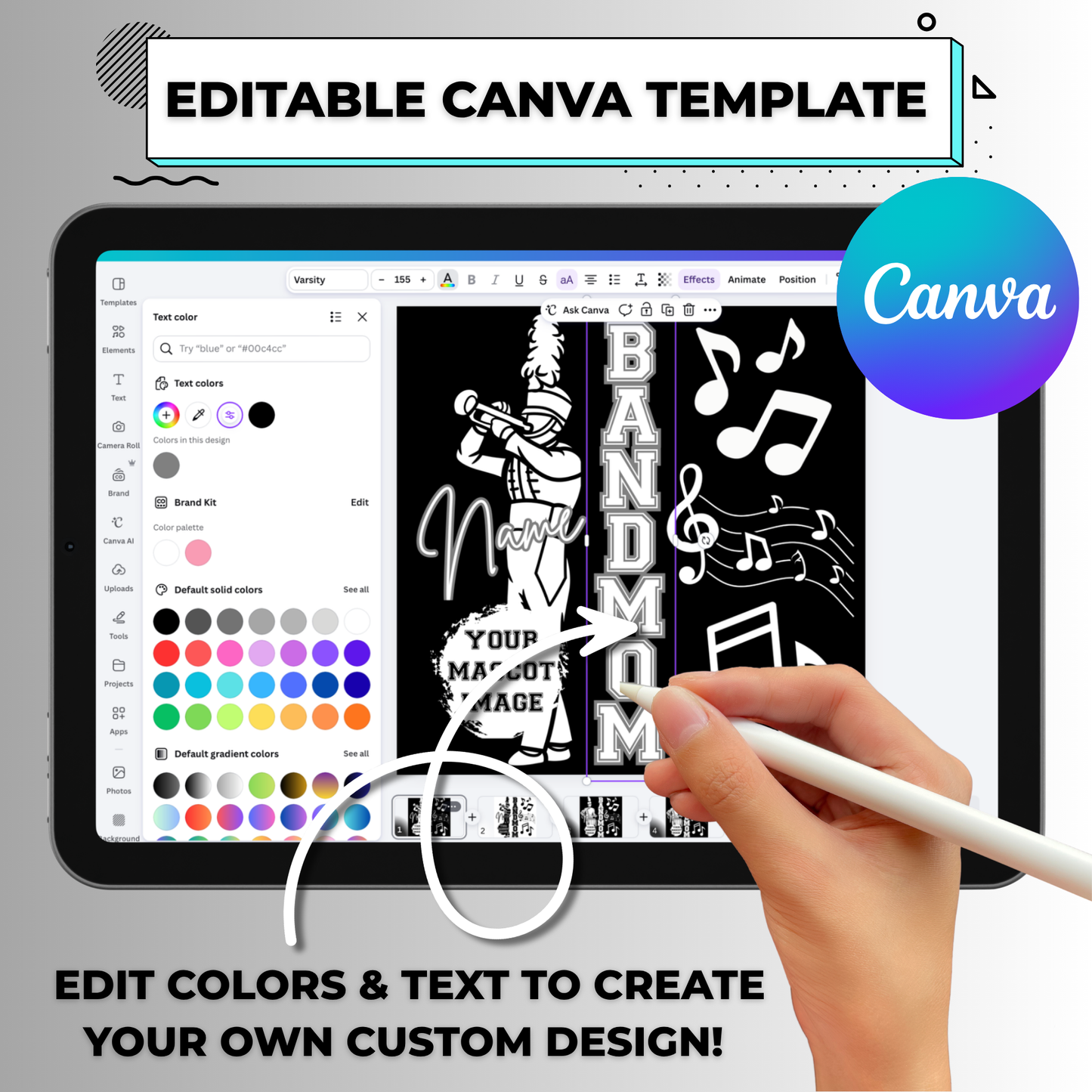 Custom Band Mascot Editable Canva Template (Both White/Black Colors) - Instant Digital Download