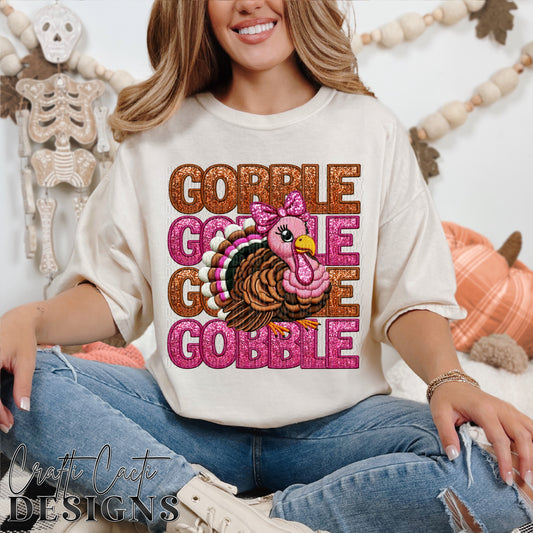 Gobble Girl Turkey - Faux Embroidery - Digital Download