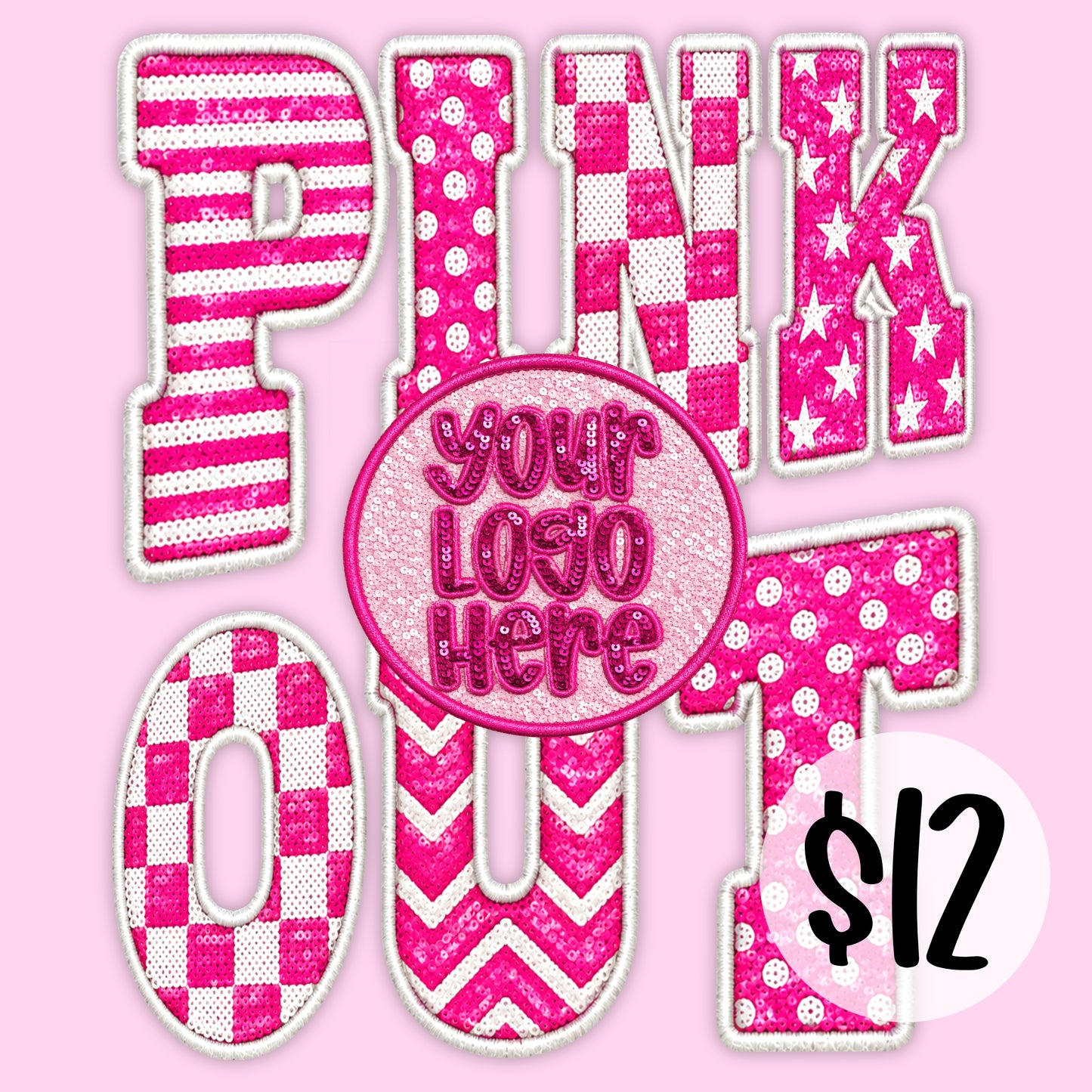 Pink Out Custom School Mascot Logo - Faux Sequin Embroidery Digital Download