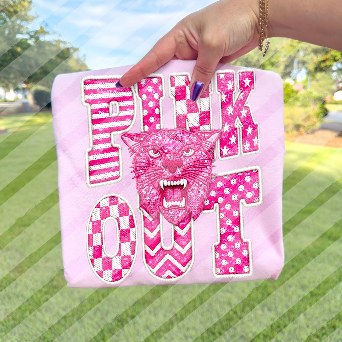 Pink Out Custom School Mascot Logo - Faux Sequin Embroidery Digital Download