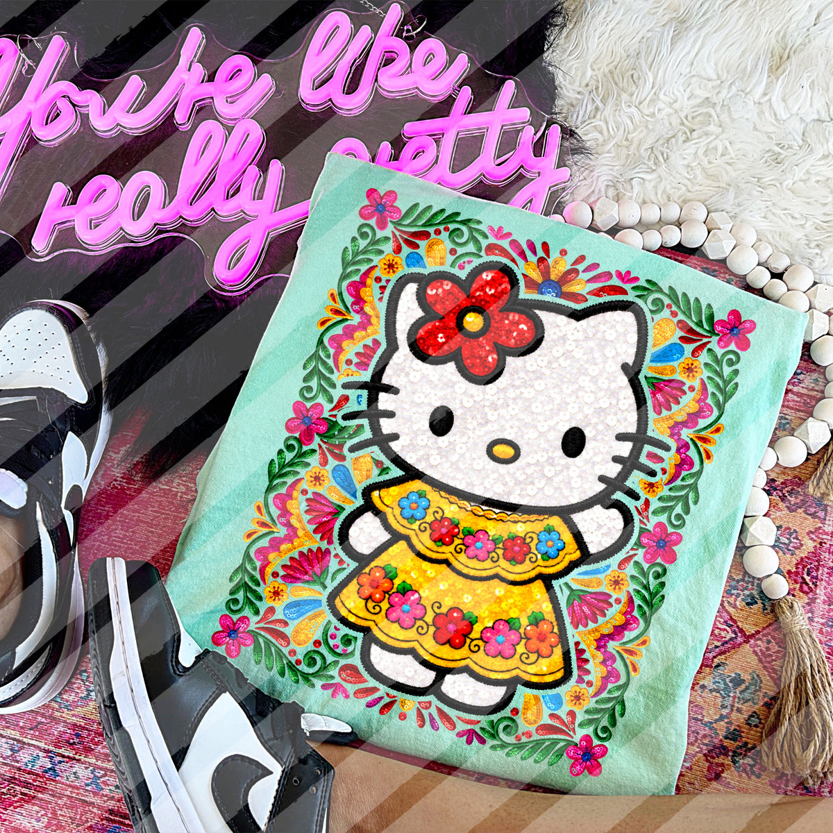 Latina Hello Kitty Faux Sequin Embroidery - Hispanic - Digital Download