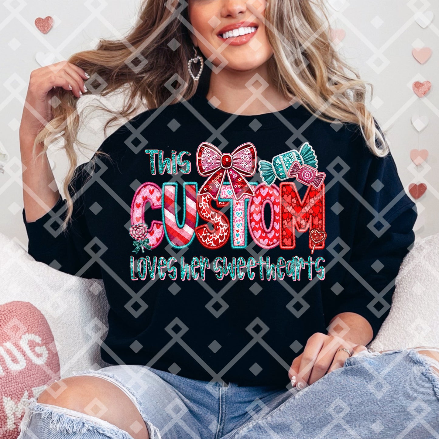 This "CUSTOM NAME" Loves Her Sweethearts - 2 Options Available - Faux Embroidery Digital Download