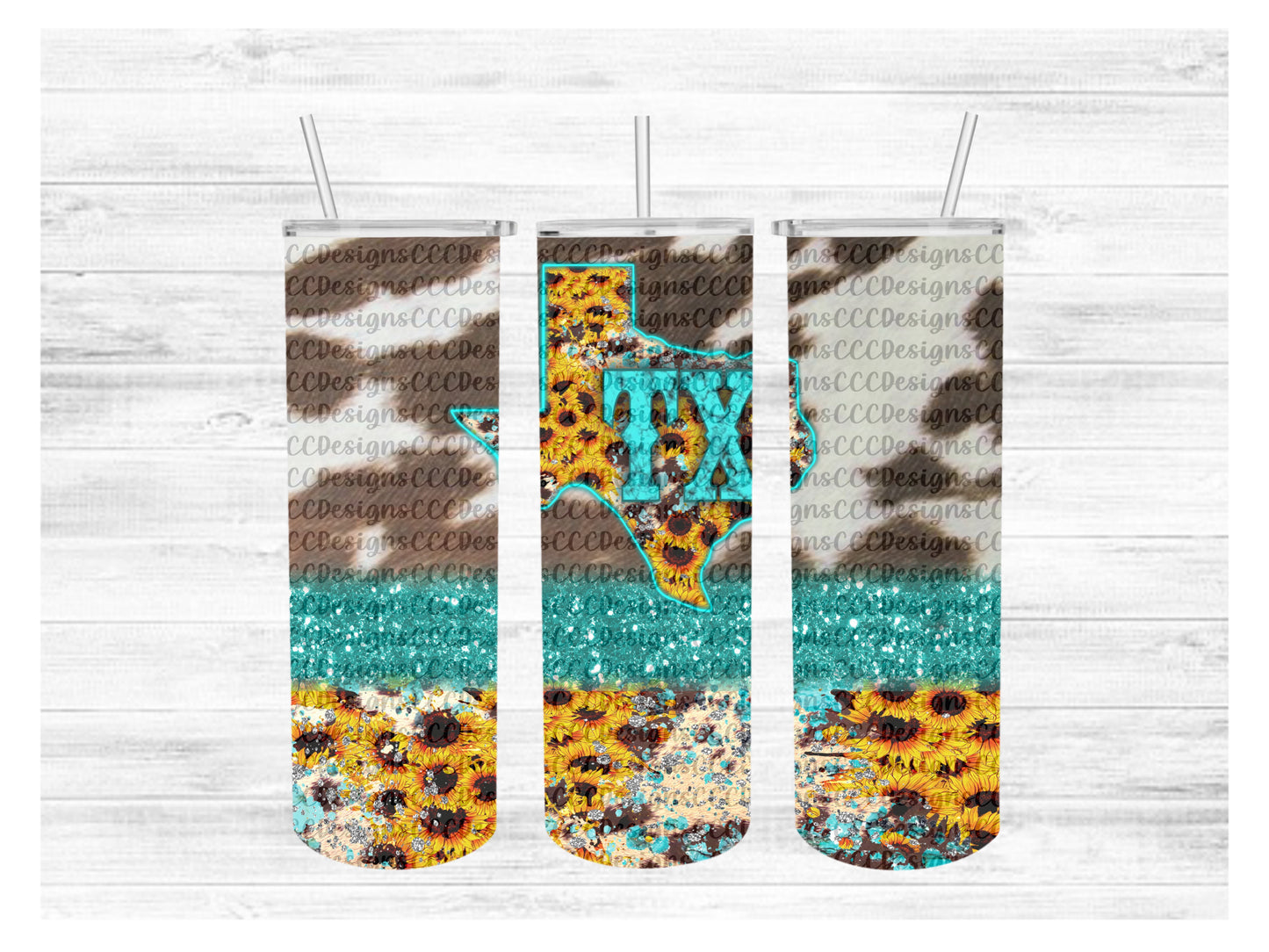 TX - Cowhide - Turquoise - Sunflowers Tumbler Wrap Digital Download - 20 oz Tumbler